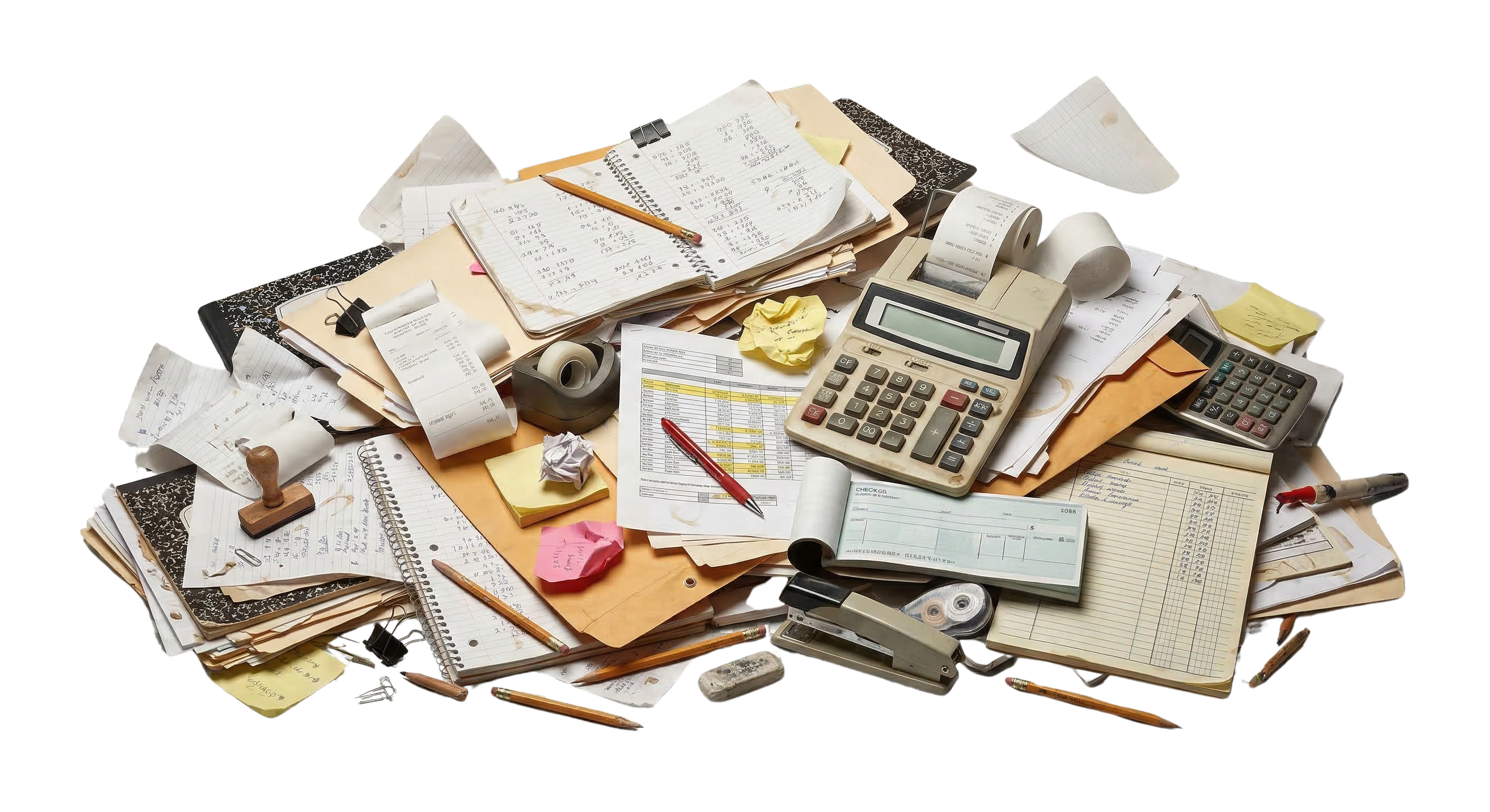 Pile of accounting books, calculators, and papers